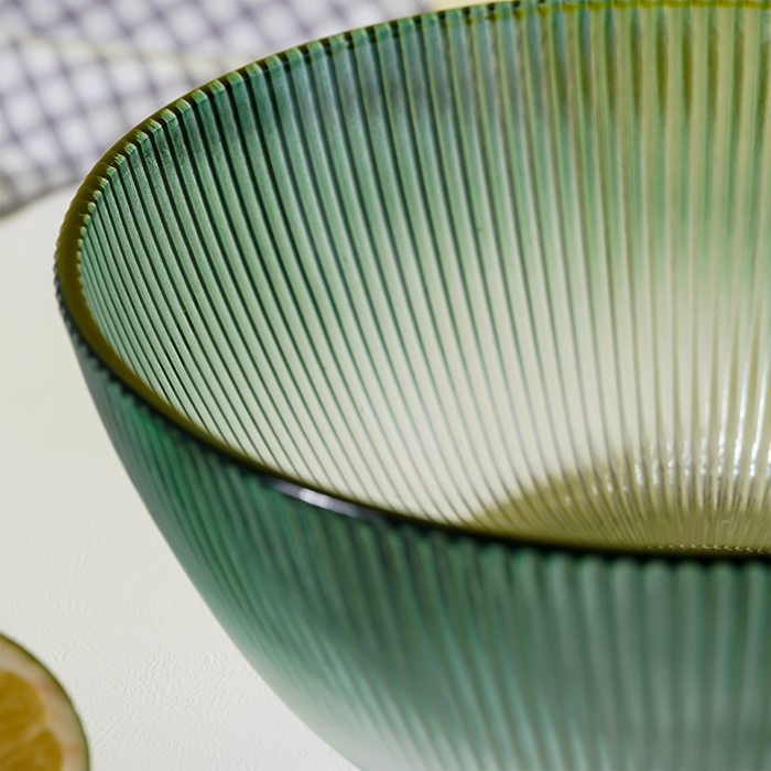 Forest Green Ribbed Glass Bowl - Ombre Gradient Serving Dish