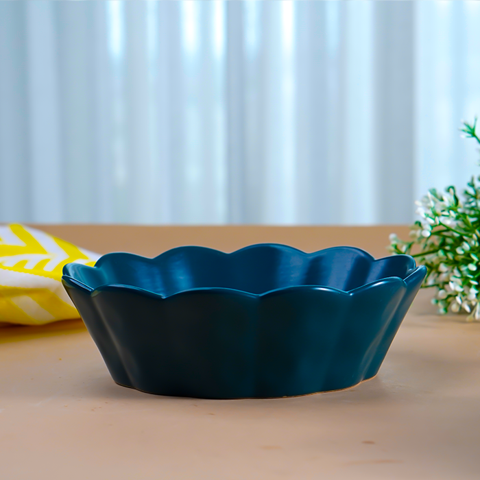 Deep Blue Ceramic Bowl with Scalloped Edges - Large