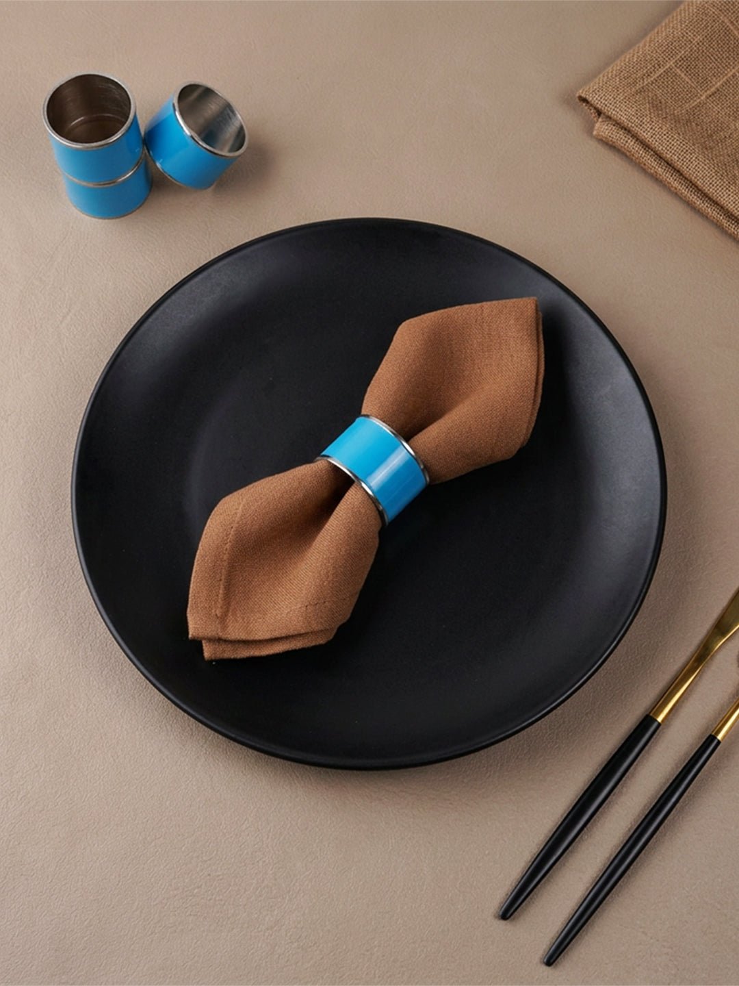 4-Piece Blue Enamel & Stainless Steel Napkin Ring Set - The Golden Theory