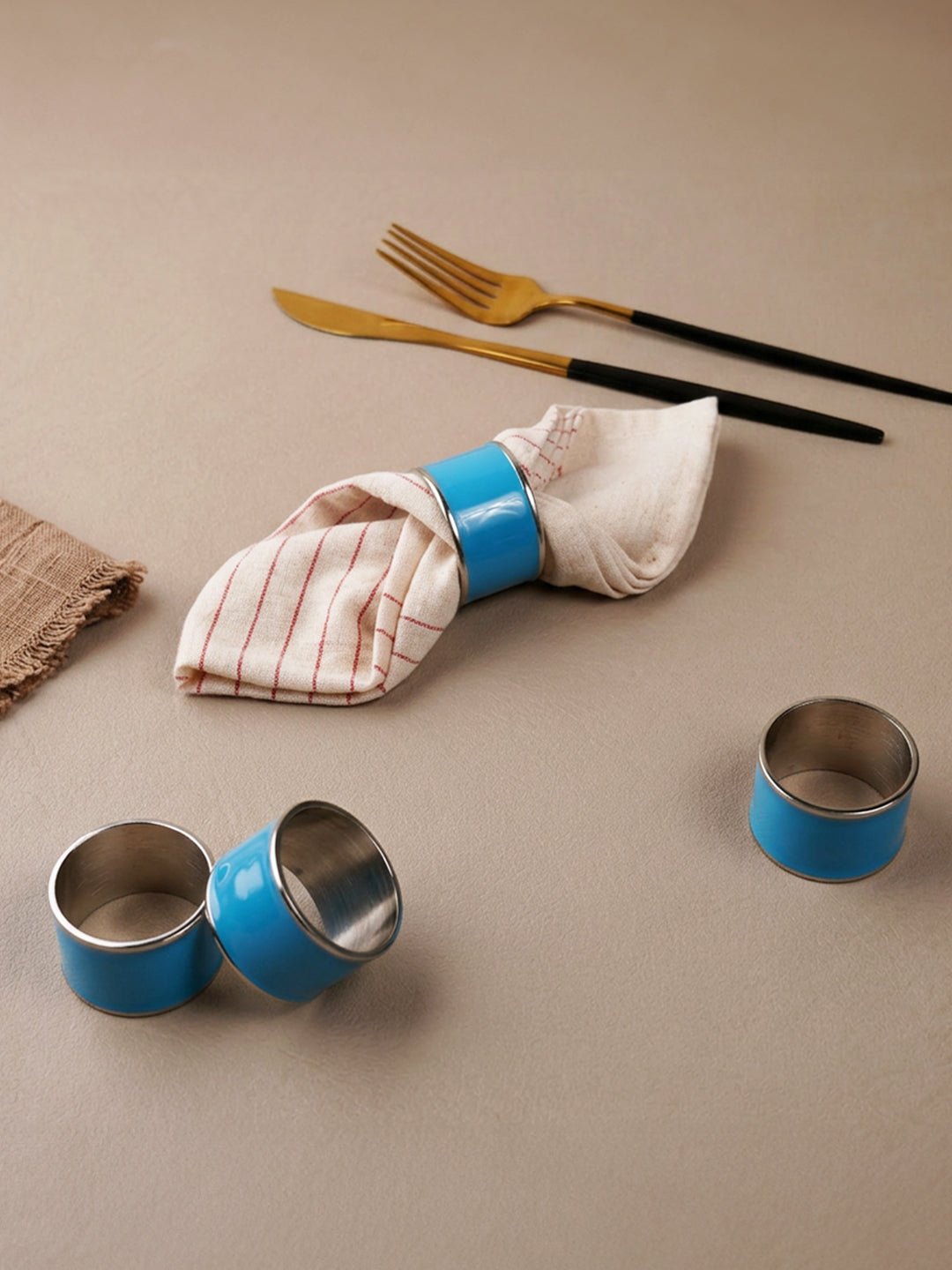 4-Piece Blue Enamel & Stainless Steel Napkin Ring Set - The Golden Theory