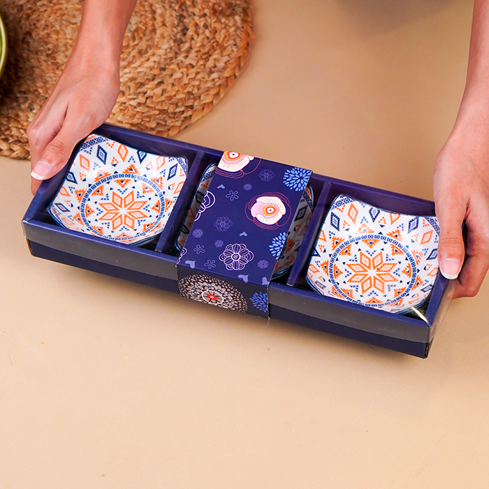 Orange & Blue Geometric Square Ceramic Bowls Set of 3