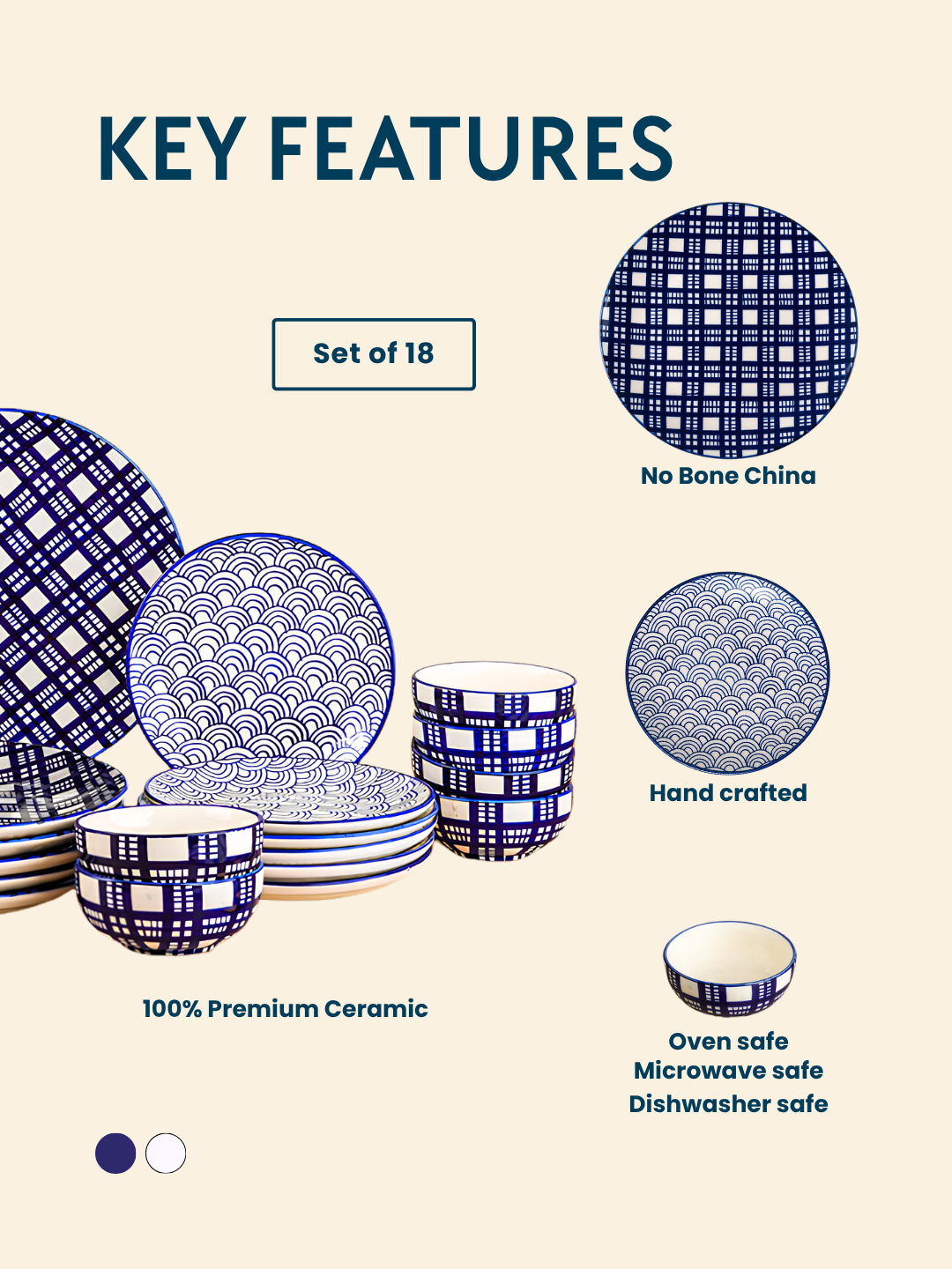 Blue and White Patterned Ceramic Dinner Set - Set of 18