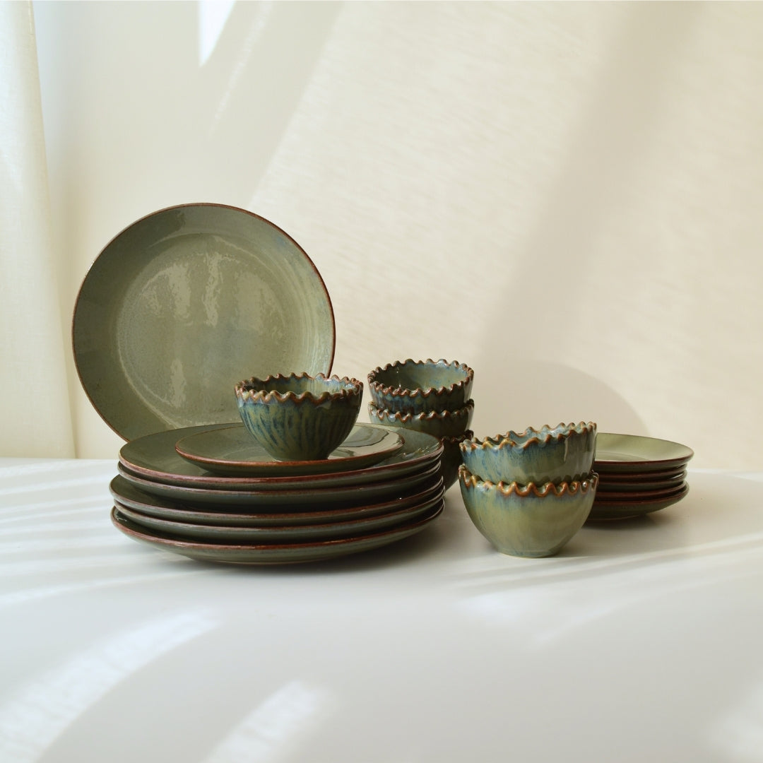 Rustic Olive Green Dinner Set - Set of 18