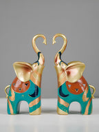 Gold and Teal Twin Elephant Figurines - Set of 2