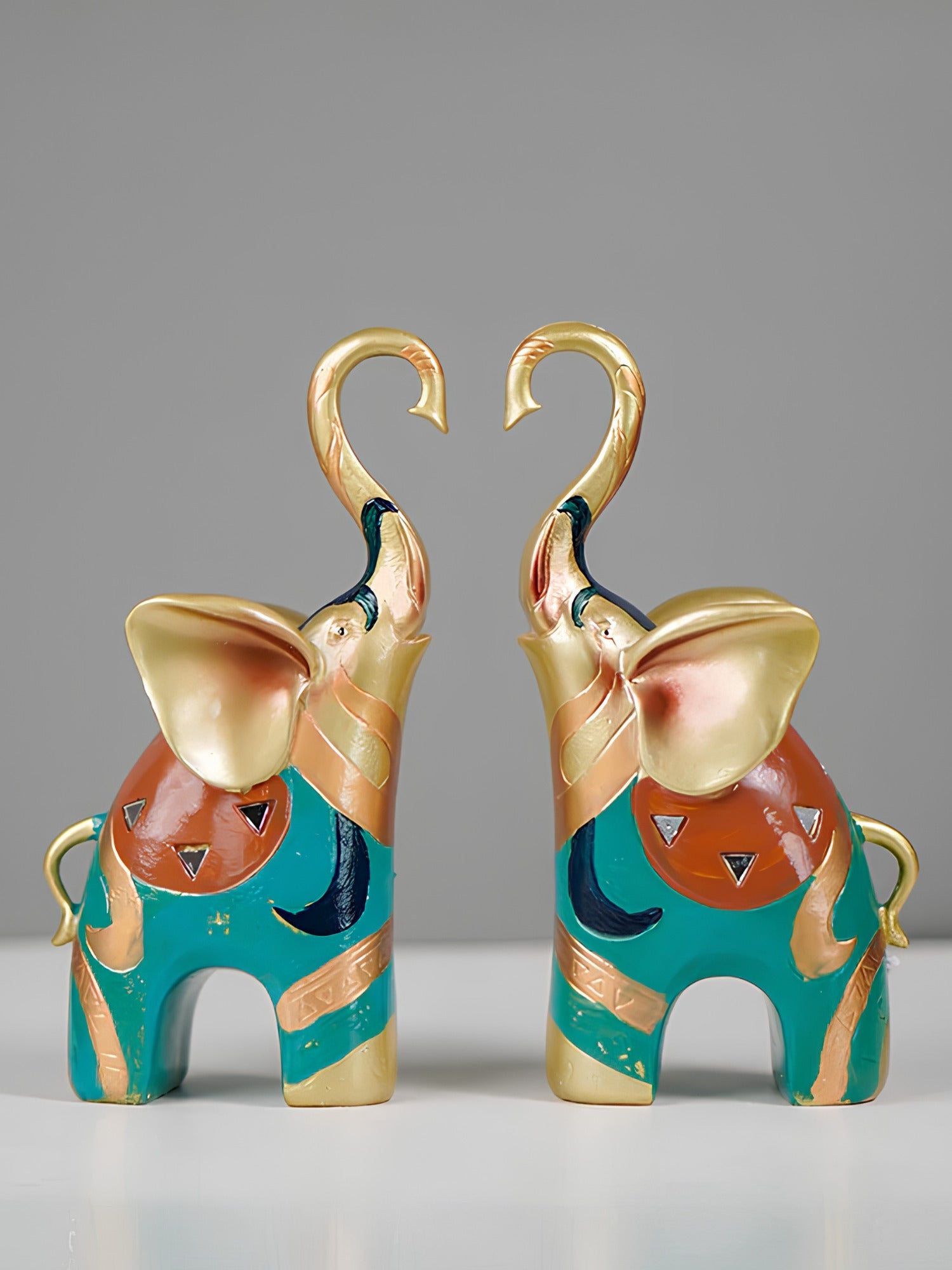Gold and Teal Twin Elephant Figurines - Set of 2