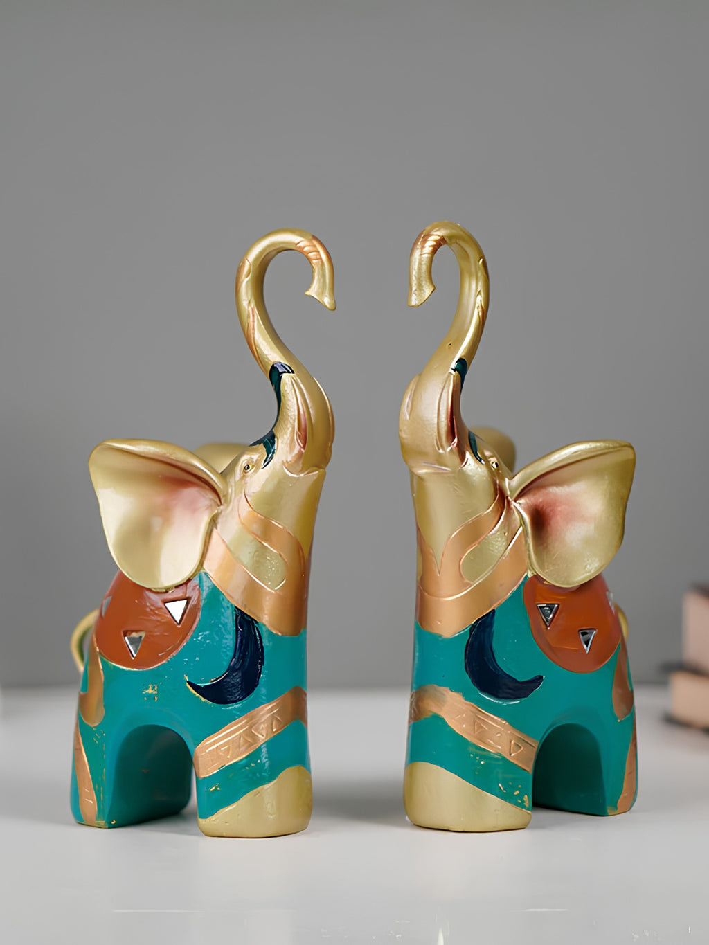 Gold and Teal Twin Elephant Figurines - Set of 2