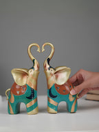 Gold and Teal Twin Elephant Figurines - Set of 2