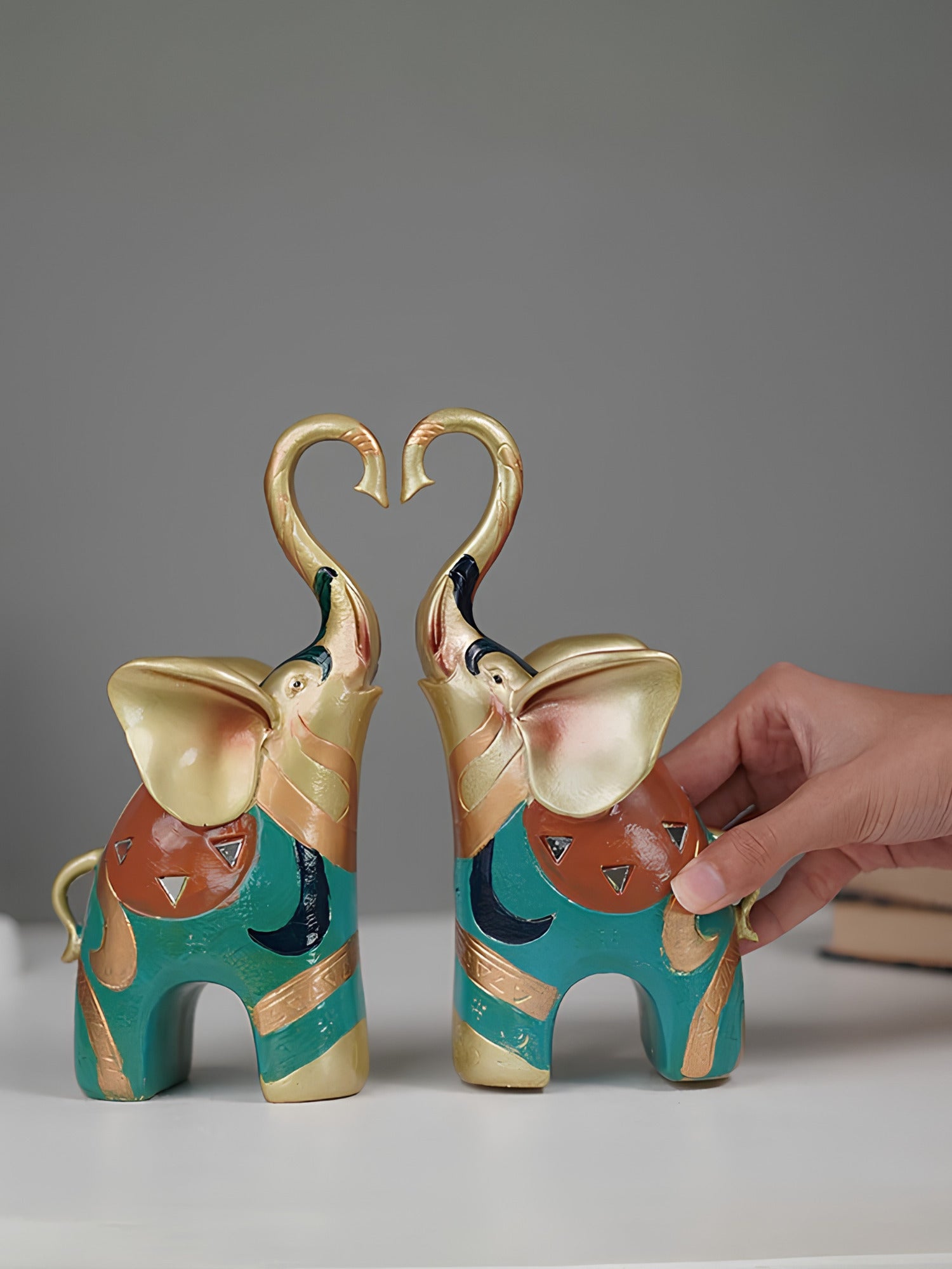 Gold and Teal Twin Elephant Figurines - Set of 2