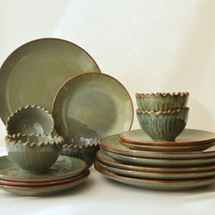 Rustic Olive Green Dinner Set - Set of 18