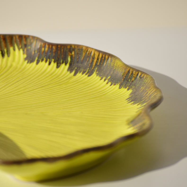 Yellow Ceramic Shell Shaped Platter with Brown Borders