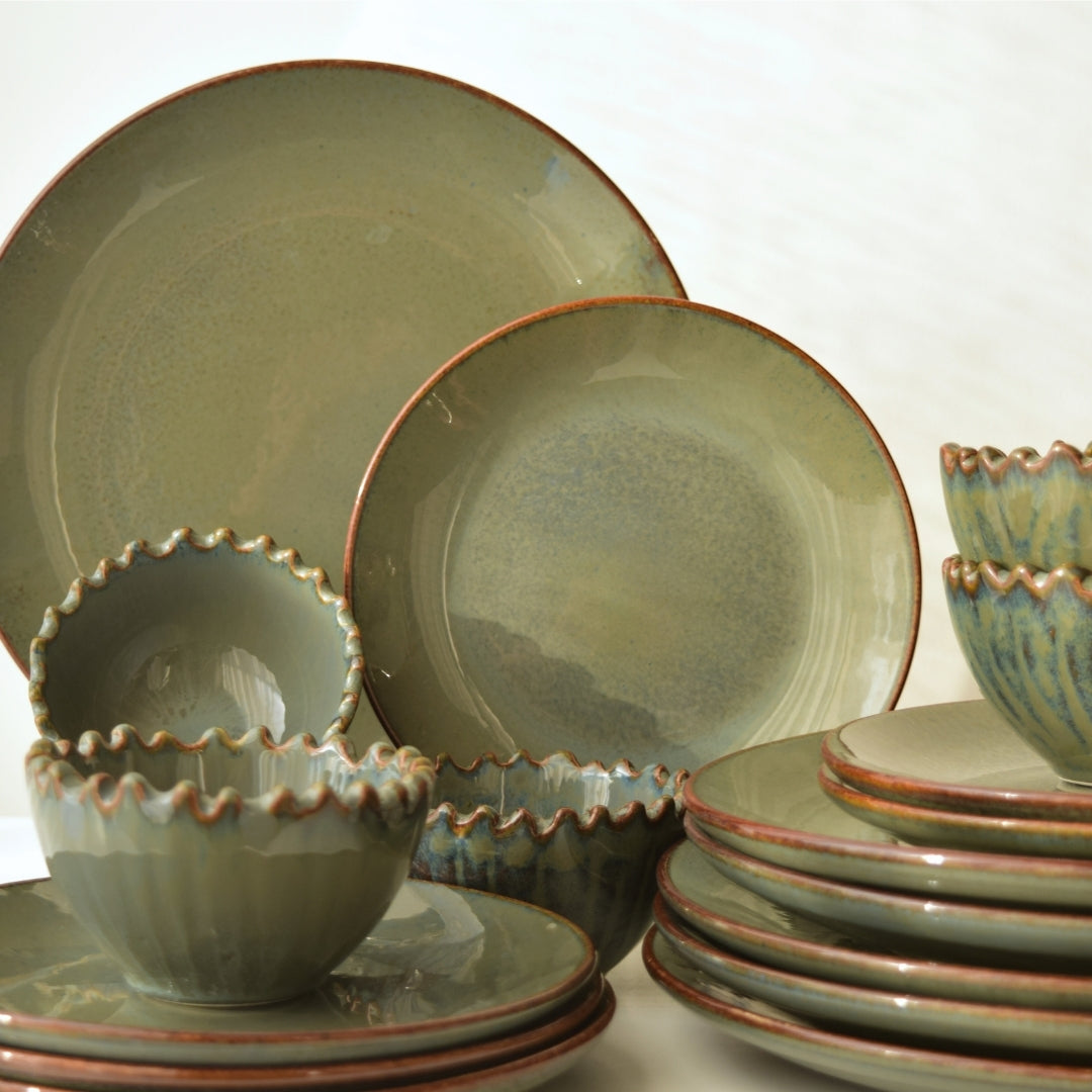 Rustic Olive Green Dinner Set - Set of 18