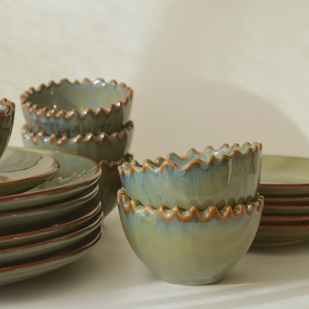 Rustic Olive Green Dinner Set - Set of 18