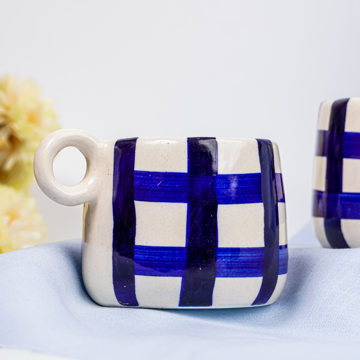 Blue and White Checkered Ceramic Mugs