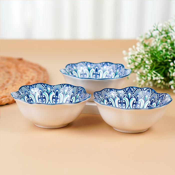 Blue Scallop-Edge Ceramic Bowls Set of 6