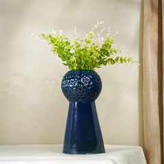 Glossy Midnight Blue Textured Vase with Tapered Base