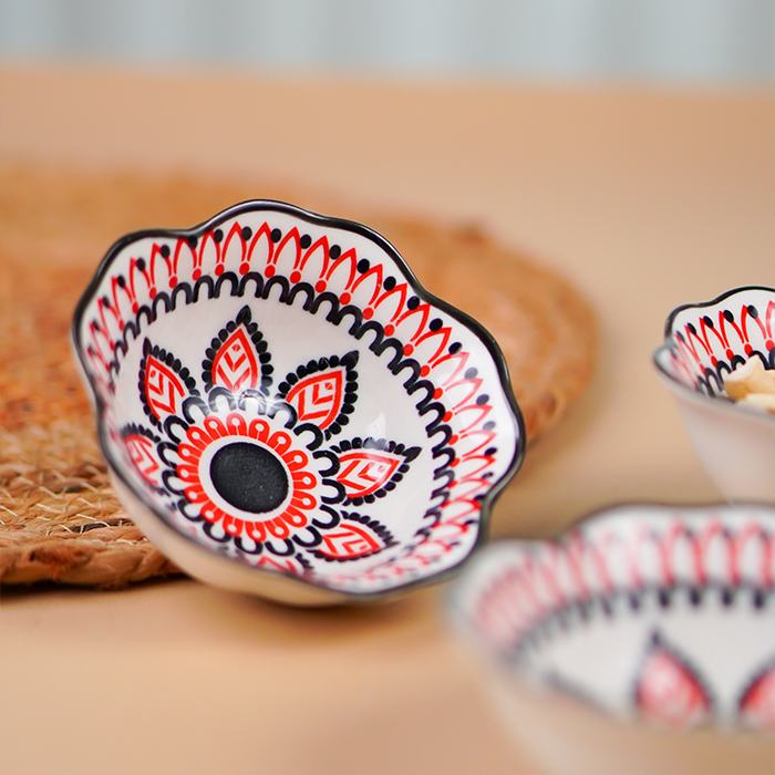 Red & Black Floral Scallop-Edge Ceramic Bowls - Set of 6