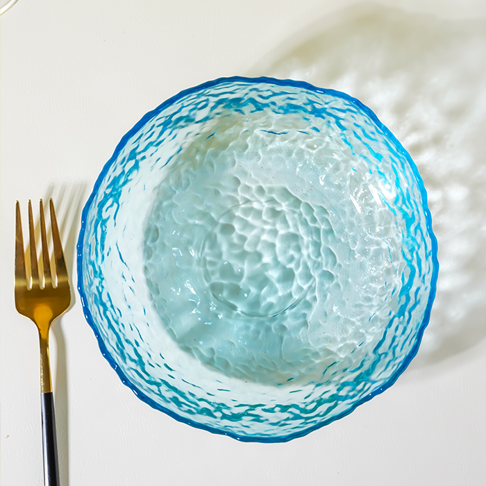 Aqua Blue Wavy Glass Bowl - Textured Sea-Inspired Serving Dish