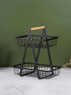 Black Two-Tier Metal Storage Basket - Kitchen Organizer with Wooden Handle