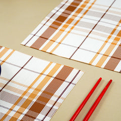 Brown & White Plaid Table Mat with Textured Weave