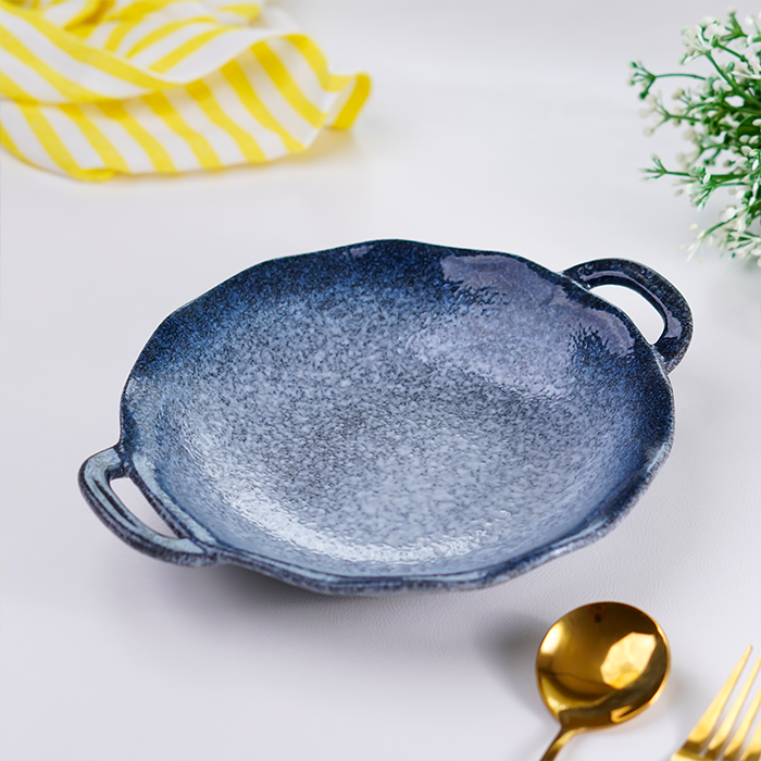 Matte Blue Ceramic Bowl with Unique Dual-Handle Design