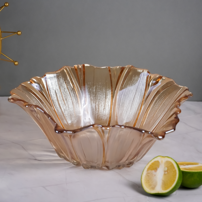 Amber Gold Fluted Glass Bowl with Wave Design