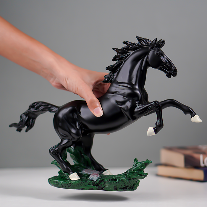 Glossy Black Rearing Horse Statue