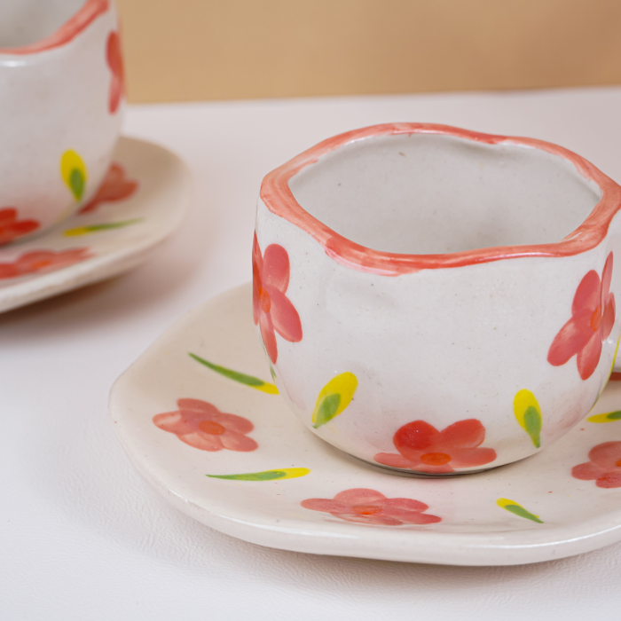 Hand-Painted Floral Ceramic Cup and Saucer Set