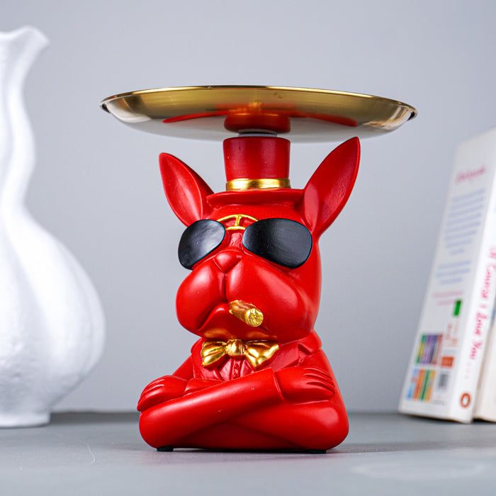 Red Bulldog Figurine with Gold Tray