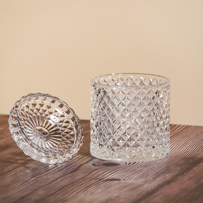 Crystal-Cut Glass Storage Jar with Lid - Diamond Patterned Clear Container