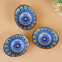 Yellow & Blue Sunburst Long Ceramic Bowls Set of 3