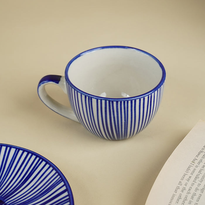 Blue and White Striped Ceramic Cup & Saucer