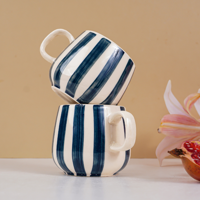 Navy and White Striped Ceramic Mug