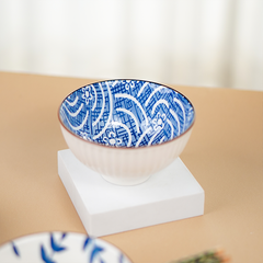 Blue Artwork Ceramic Bowls Set of 6 with Chopsticks