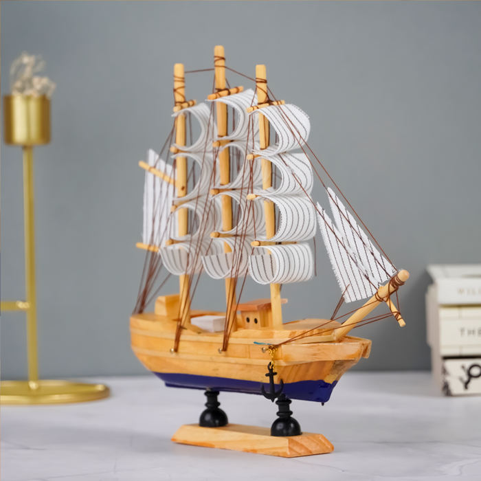 Light Wood and Blue Model Ship Sculpture