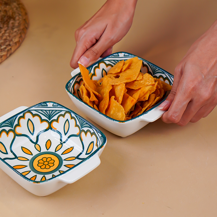 Green & Orange Meadow Square Ceramic Bowls Set of 2