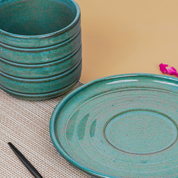 Green Ribbed Ceramic Cup and Saucer Set