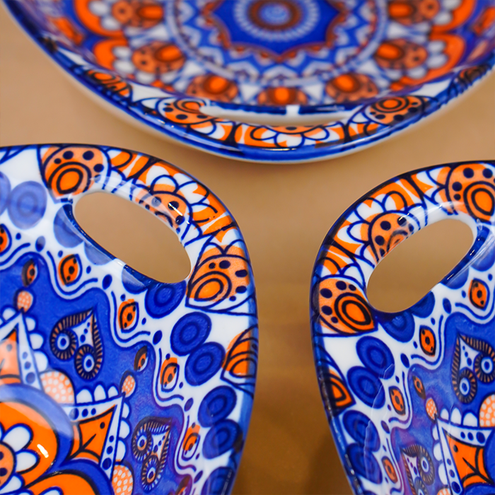 Blue & Orange Side Handles Ceramic Bowls Set of 3