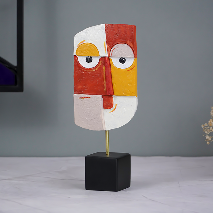 Vibrant Abstract Face Sculpture in Red, Yellow, and White