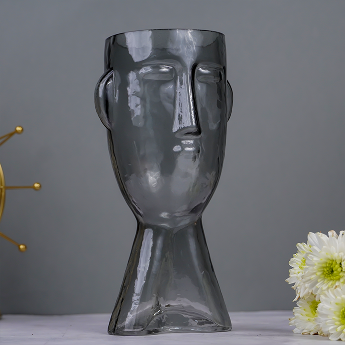 Grey Face-Shaped Glass Vase with Unique Artistic Design