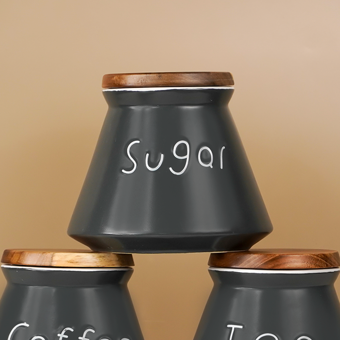 Black Airtight Canister Set of 3 with Wooden Airtight Lid