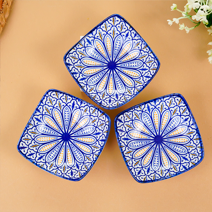 Blue & Yellow Petal-Design Square Ceramic Bowls Set of 3