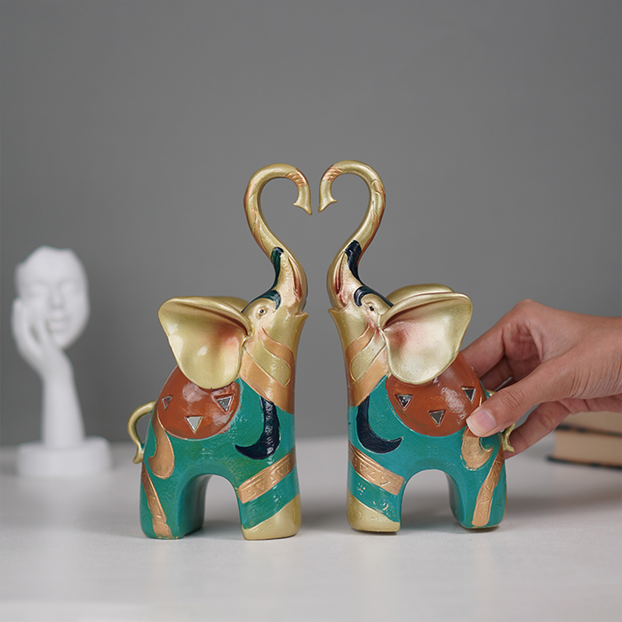 Gold and Teal Twin Elephant Figurines - Set of 2