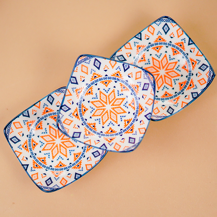 Orange & Blue Geometric Square Ceramic Bowls Set of 3