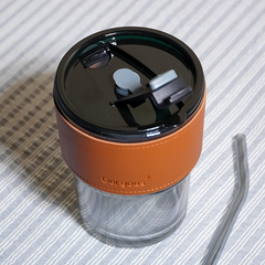 Glass Tumbler with Leather Sleeve - Black Straw