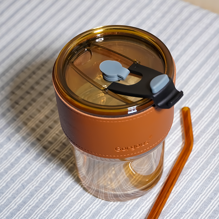 Glass Tumbler with Leather Sleeve - Orange Straw