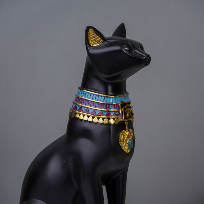 Black Egyptian Cat Statue with Golden Jewelry and Colorful Collar