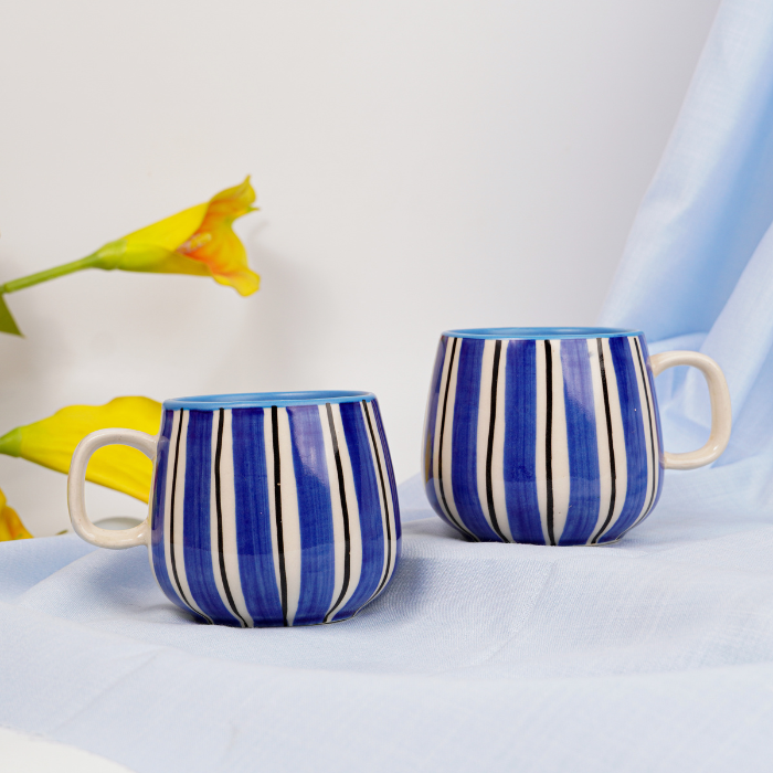 Blue and White Striped Ceramic Mug