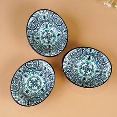 Green & White Mandala Long Ceramic Bowls Set of 3