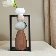 Stacked Stone Vase with Black Geometric Frame