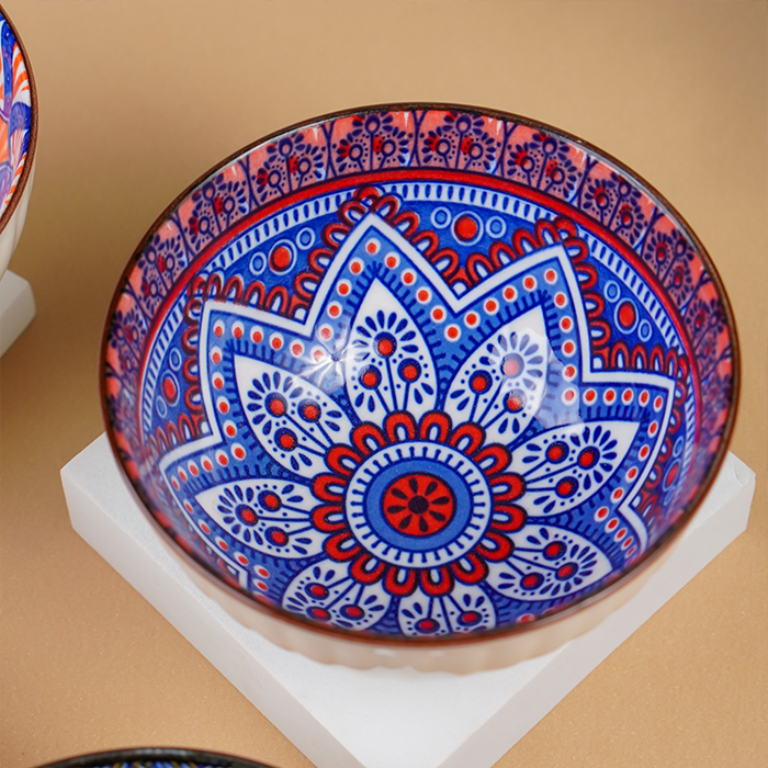 Geometric Floral Pattern Painted Ceramic Bowls Set of 4